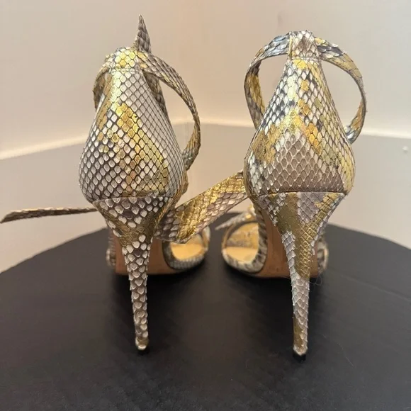 Alexandre Birman Clarita Bow Elegant Snakeskin High Heel Sandals Gold & Silver - Picture 4 of 9